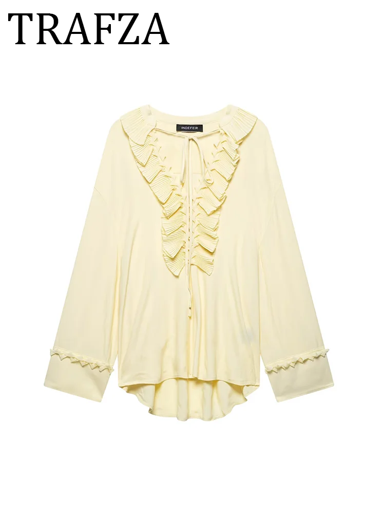 

TRAFZA Women's Yellow Ruffled Blouse 2025 Summer Elegant Lace Up Long Sleeve Shirt Oversize Vintage Casual Tops Shirts & Blouses