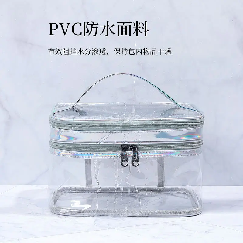 Ins Transparent Double Layer Makeup Bag Colorful Laser Large Capacity Cosmetic Bags Pouch PVC Waterproof  Make Up Organizer Bag