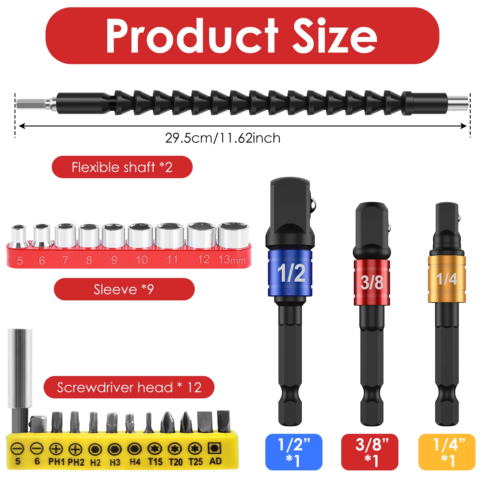 26Pcs Flexible Drill Bit Extension Kit Quick Release Soft Shaft Screwdriver Kit with 12 Screwdriver Bits 9 Hex Socket Adapter