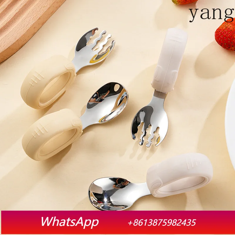 

LMM Silicone Handle 304 Stainless Steel Fork and Spoon Learn to Eat Creative Food Supplementary Spoon