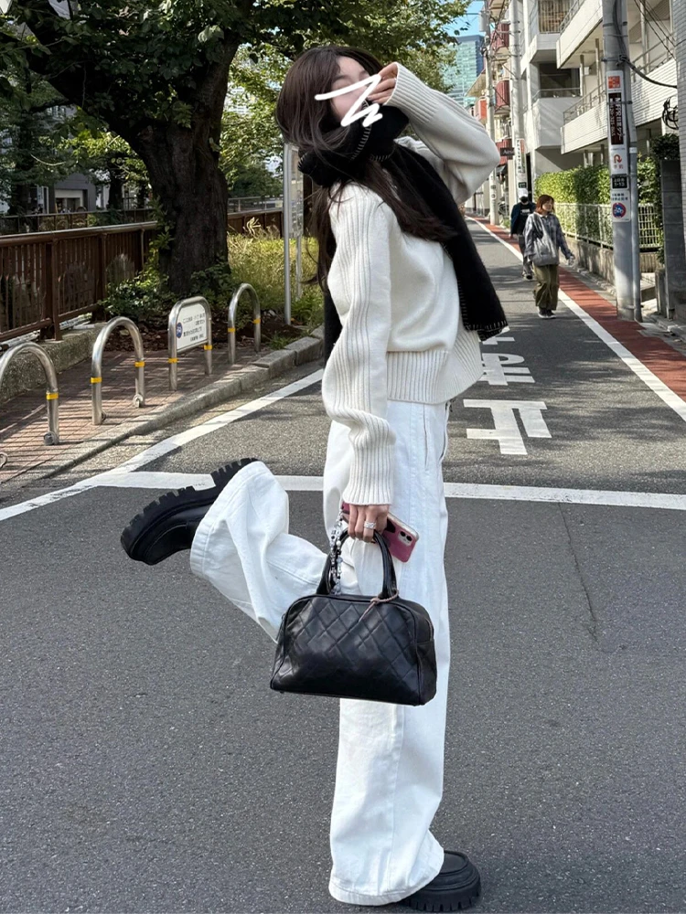 

Loose Women's Knitted Sweater Coat White Lazy Sle Autumn Faion 2025 New Arrival Comfortable Warmth Color Top