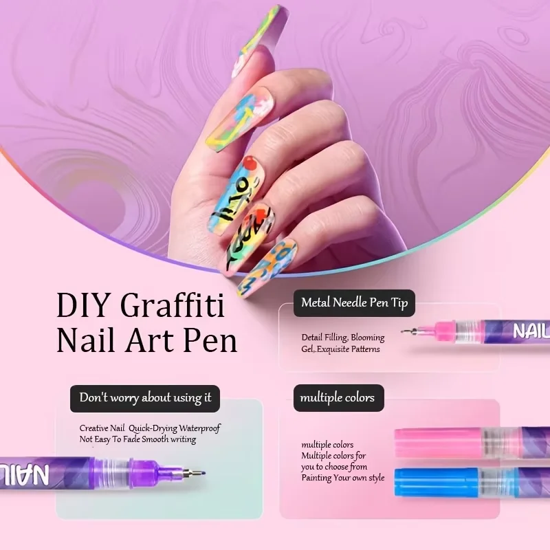12 Colors 0.5mm Nail Art Pens 24 Reusable Stencils Quick Dry Water-Based Nail Drawing Markers for DIY Manicure Design