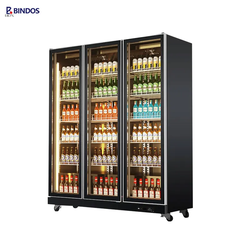 Multi Color LED Lighting 3 Doors Display Fridge Single-Temperature Beer Refrigerator with Transparent Glass Digital Control Stan