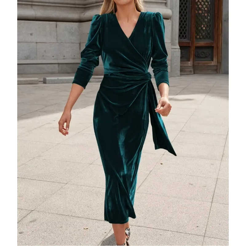 Elegant Solid Velvet Long Dress Women V-neck Wrap Long Sleeve High Waist Ruched Lace-up Birthday Dress Evening Sexy Party Vestid