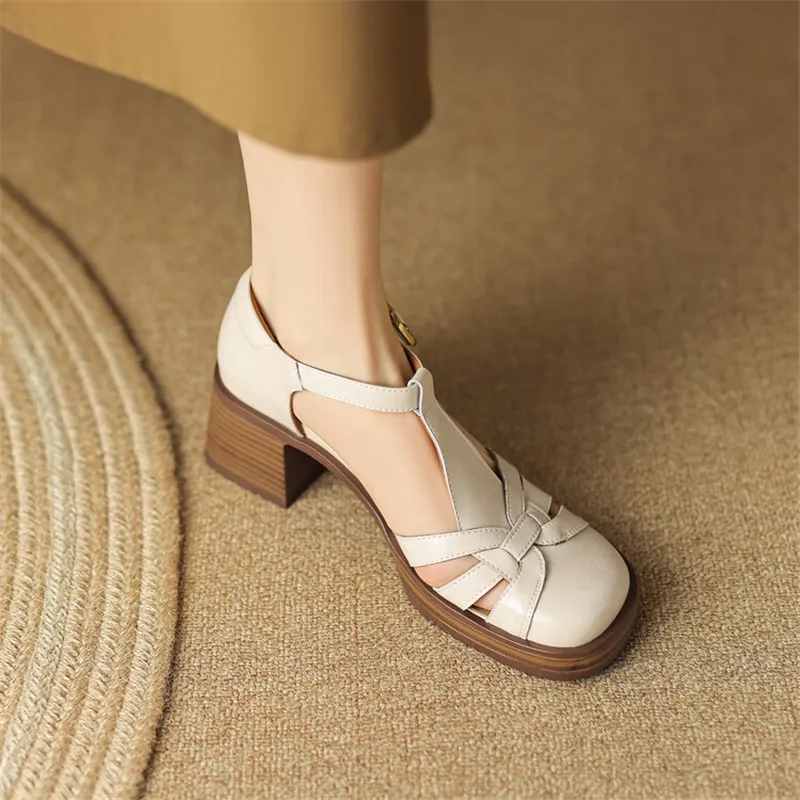 2023 Summer Sandals Cow Leather Cover Toe Roman Sandals Casual Buckle Strap Summer Shoes GLADIATOR Thick Heel Women High Heels