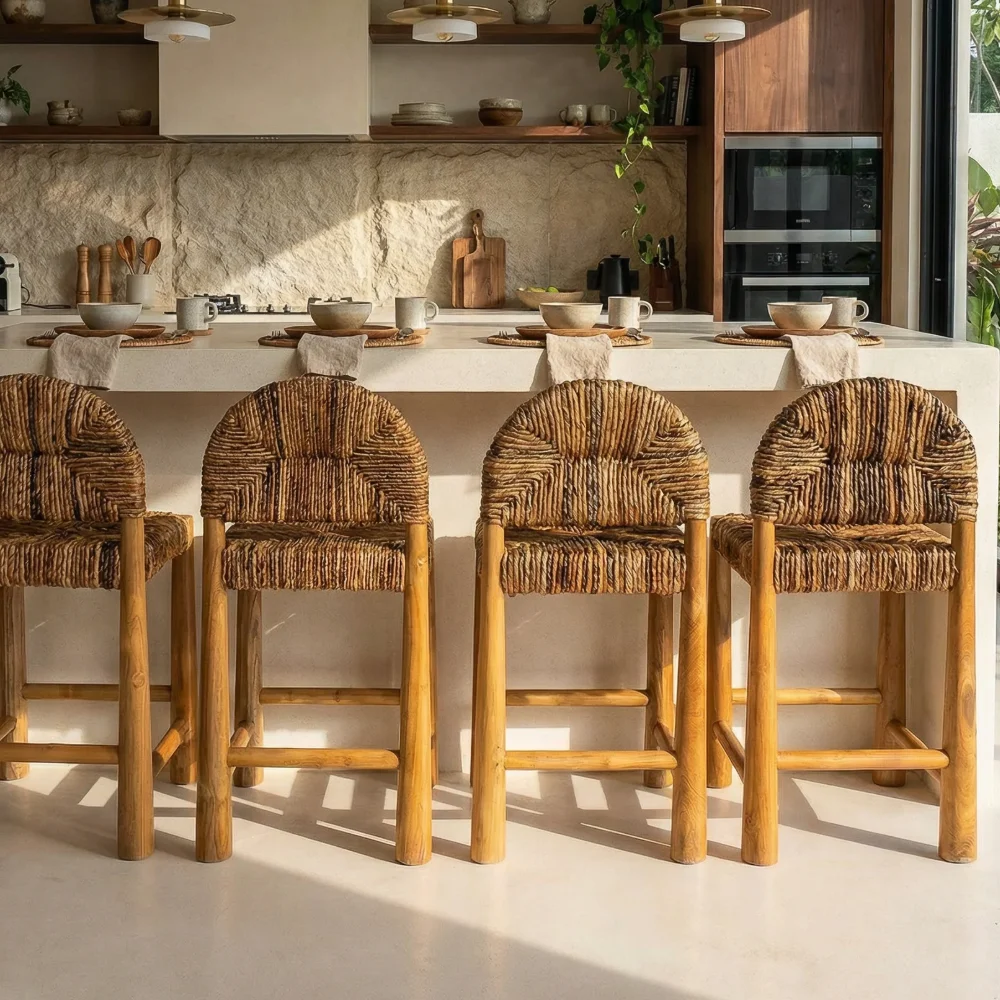 Solid Wood Bar Stool with Woven Sea Grass Backrest Retro Style High Counter Stool for Home Bar & Cafe