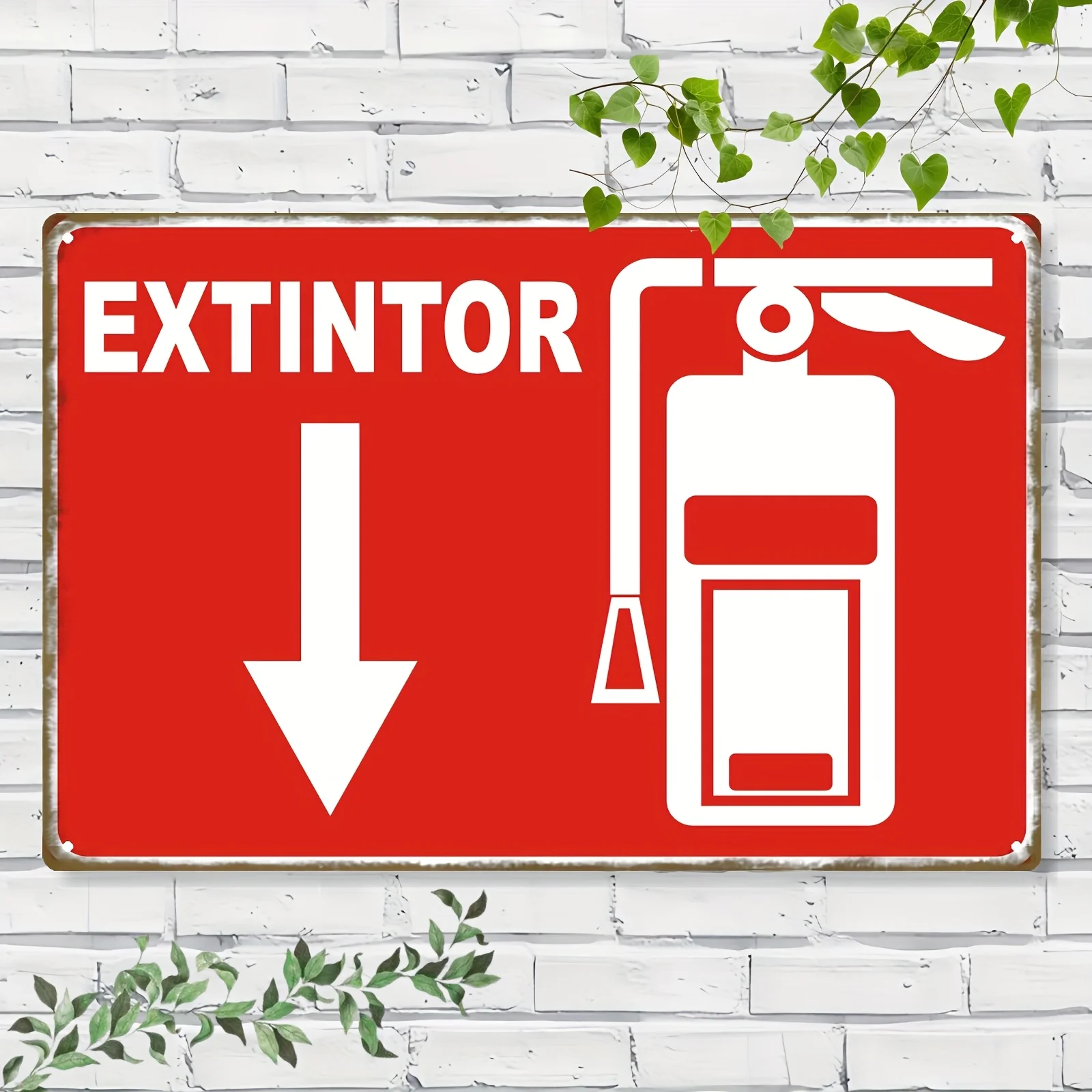 2D Metal Sign, Fire Extinguisher Arrow Safety Sign, 8x12 Inch Red Background White Arrow for Home Office