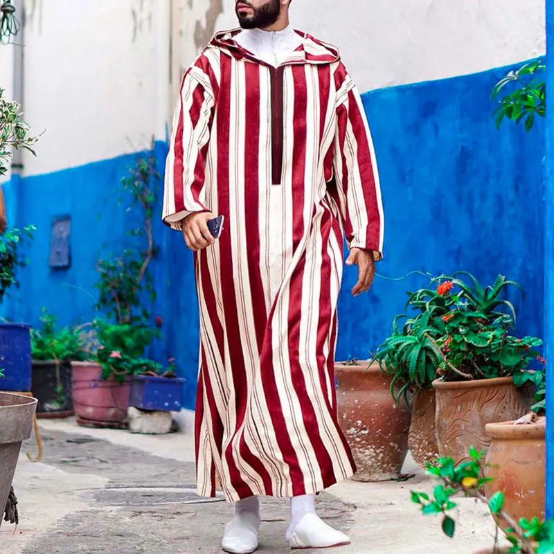 Man Color Stripe Long Sleeve Muslim Jubba Thobes Hoodie Ethnic Fashion Islam Arabia Men Saudi Dress Djellaba Pour Homme M-4XL