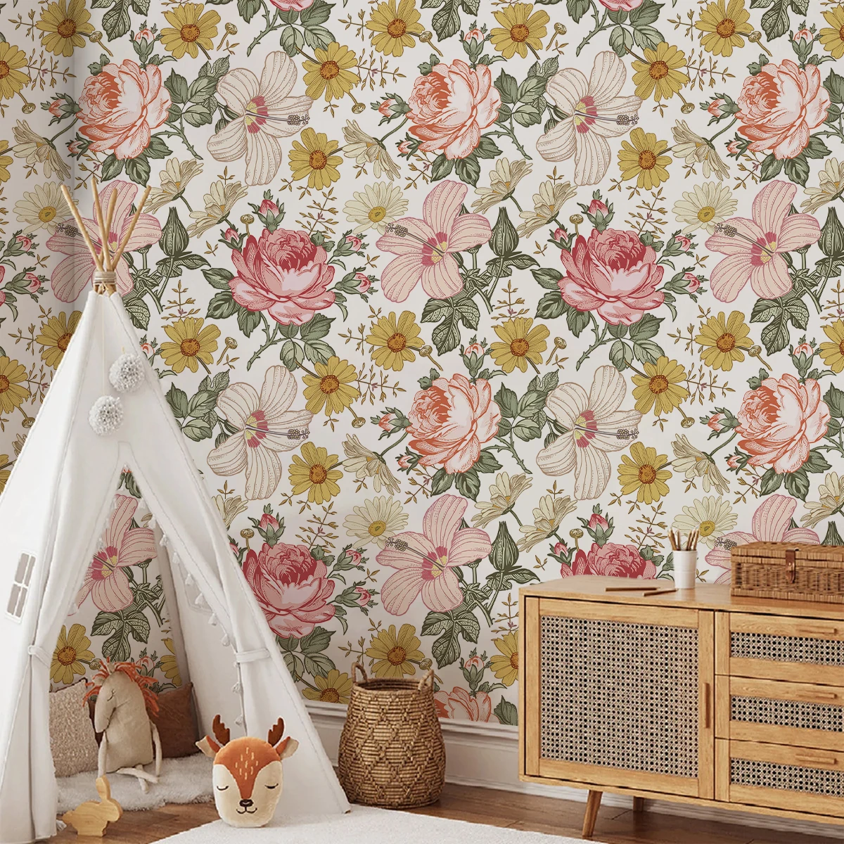 

Boho Daisy Roses Vintage Flower Wallpaper Cabinet Study Wall Art Girls Child Room Decal Bedroom Living Home Decor Waterproof