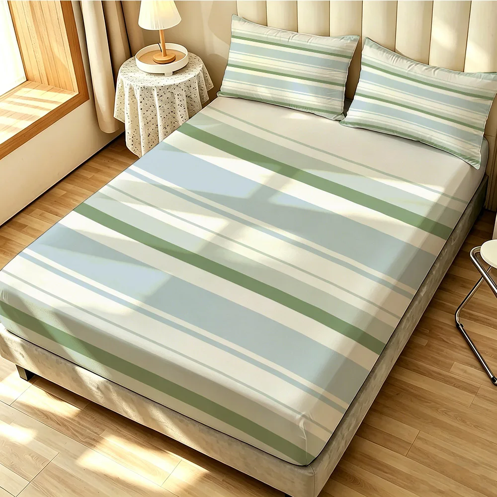 A three-piece set of bedding, including a bedspread, two pillowcases, and a fresh green-blue-white striped bedspread