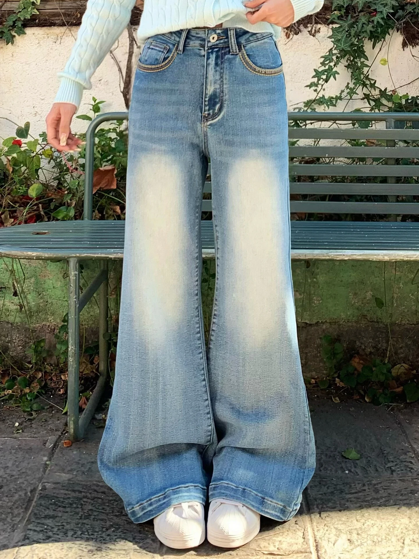 

Loose Women's Jeans Flared Leg Cotton Casual Style Spring Summer New Blue Color Non-Matching Leggings Four-Sided Elastic