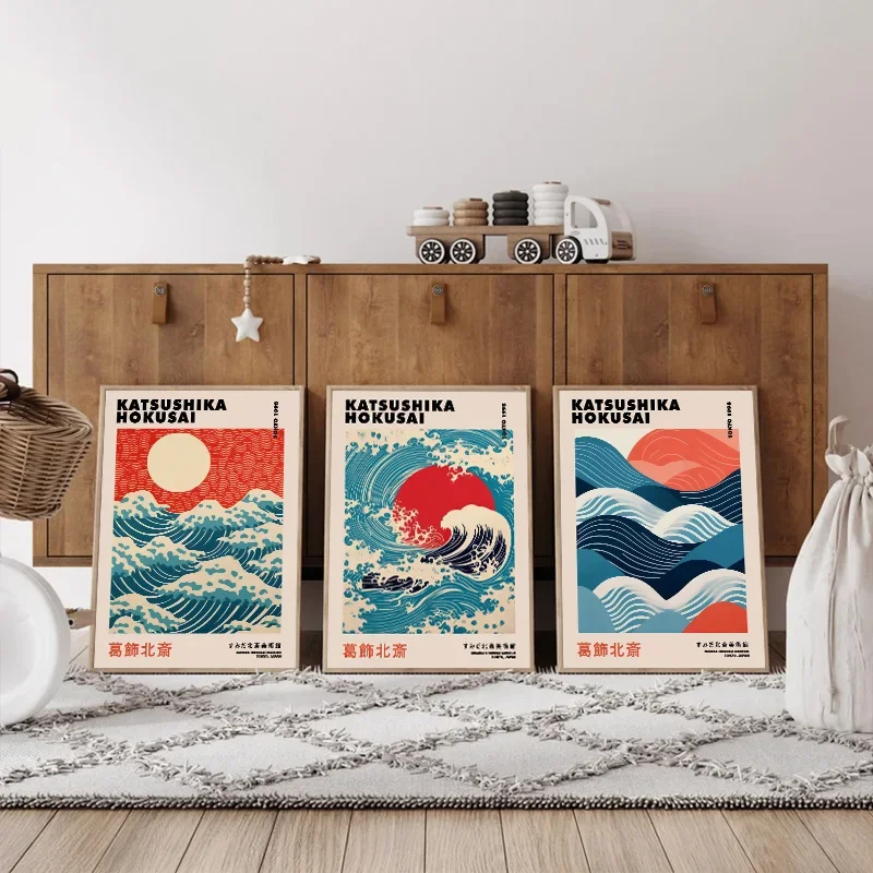Japanese Vintage Wave Ukiyo-e Poster Hokusai Giant Wave Sunrise Sun Seaside Colorful Canvas Painting Bedroom Decorative Wall Art