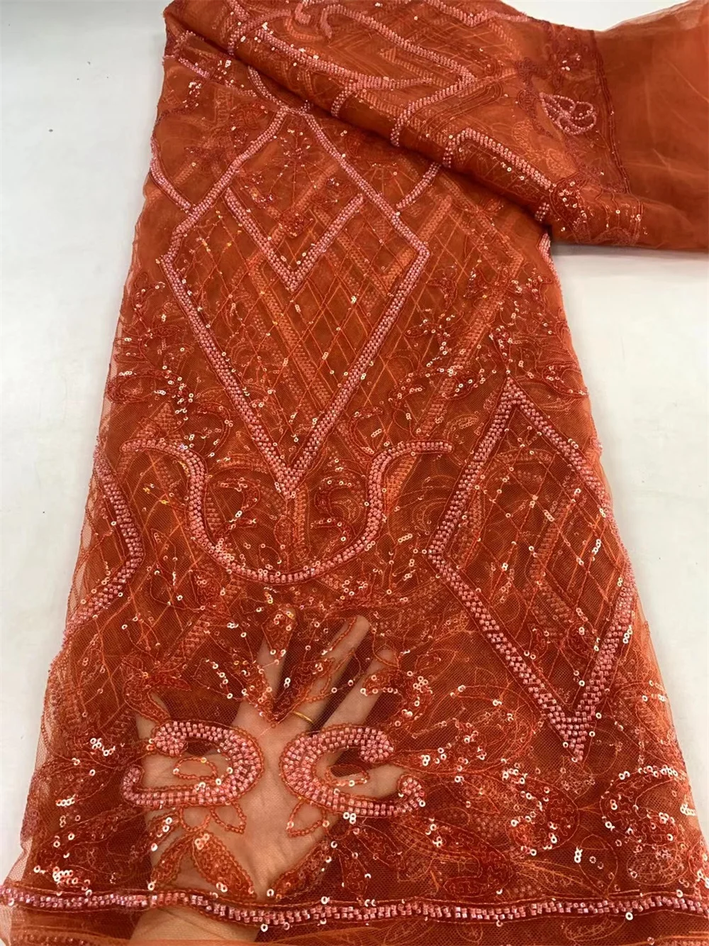 Orange Lace Fabric 2024 High Quality Lace 5 Yards Sequence Lace Fabric Elegant African Lace Beaded Fabric Evening Dress A584-1