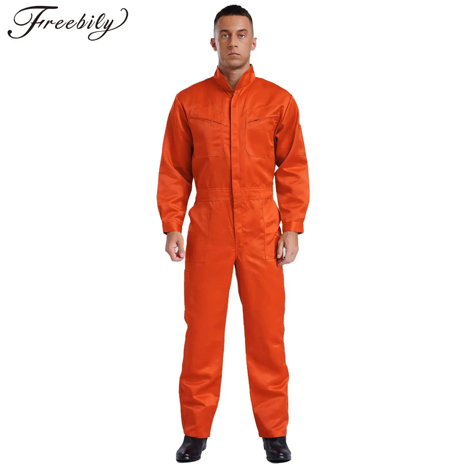 

Mens Cotton One-Piece Overalls Bodysuit Stand Collar Long Sleeve Front Zip Multiple Pockets Work Coveralls Jumpsuit Uniforms