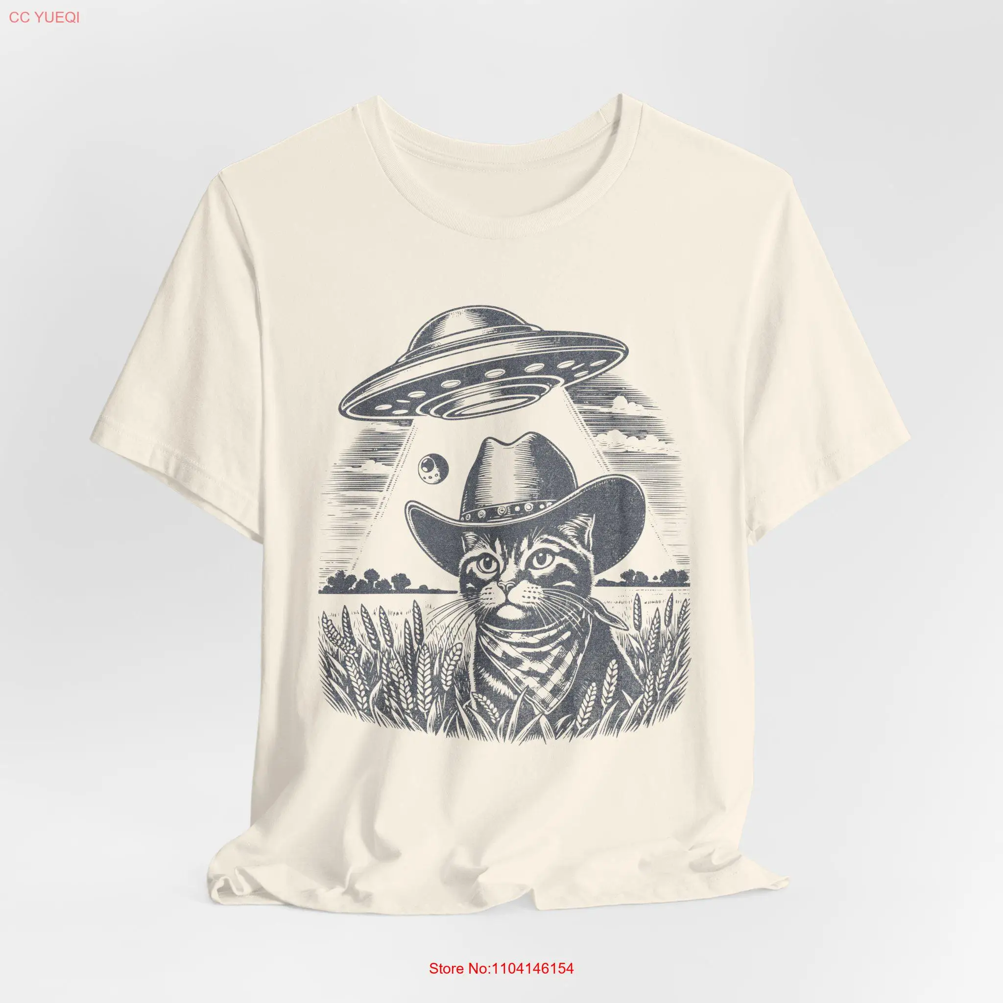 UFO CaT T Shirt Cowboy Western Selfie Funny Meme Alien Lover  long or short sleeves