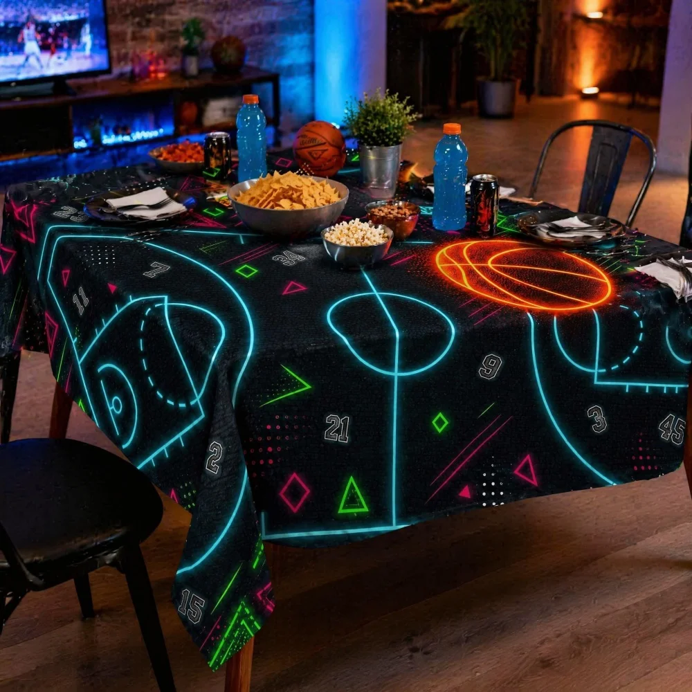 Neon Basketball Court Line Number Geometric Print Rectangle Tablecloth Black Sports Dining Table Cover Man Cave Decor