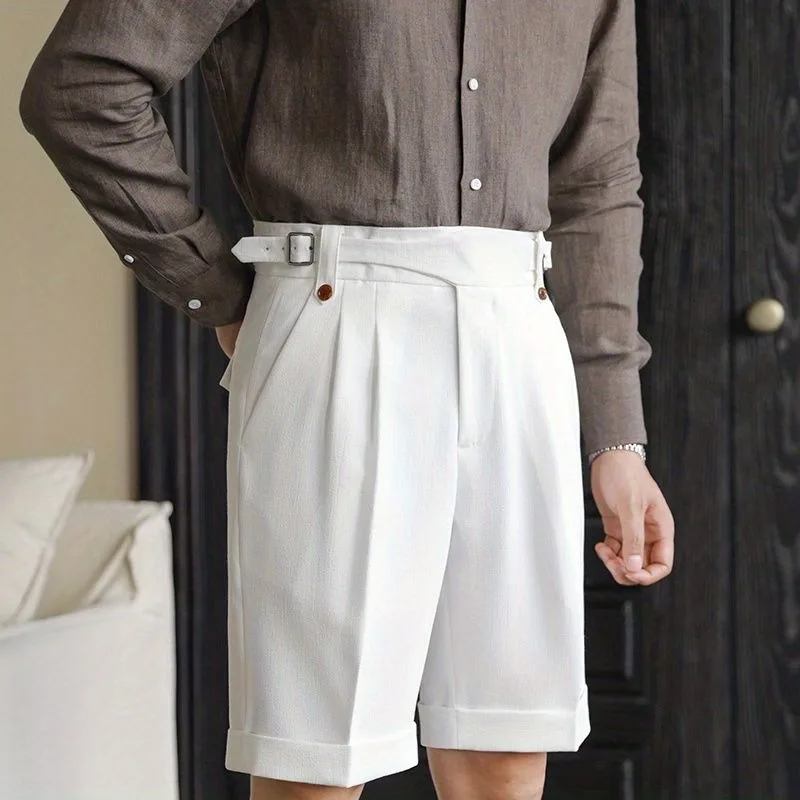 British Style Naples Suits Shorts for Men Smart Casual High Waist Straight Trousers Summer Ins Fashion England Pants Adjustable