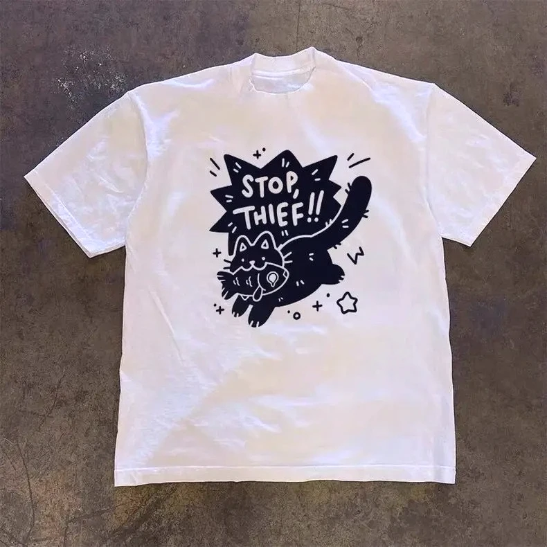 Stop Thief! Cute Cat Printed Women's T-shirt Cat Print Girls Printing Funny Shirt Grunge Streetwear Novelty T-Shirt Japanese