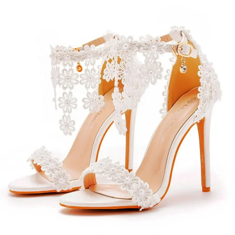 Tassel Sandals White Wedding Shoes One-line Buckle Shoes Skinny Heel Fish Mouth Roman Sandals White Lace High-heeled Sandals