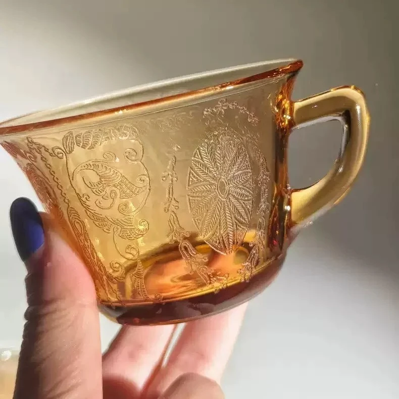 High-quality American vintage cup and saucer set - Vintage amber glass coffee cup and saucer