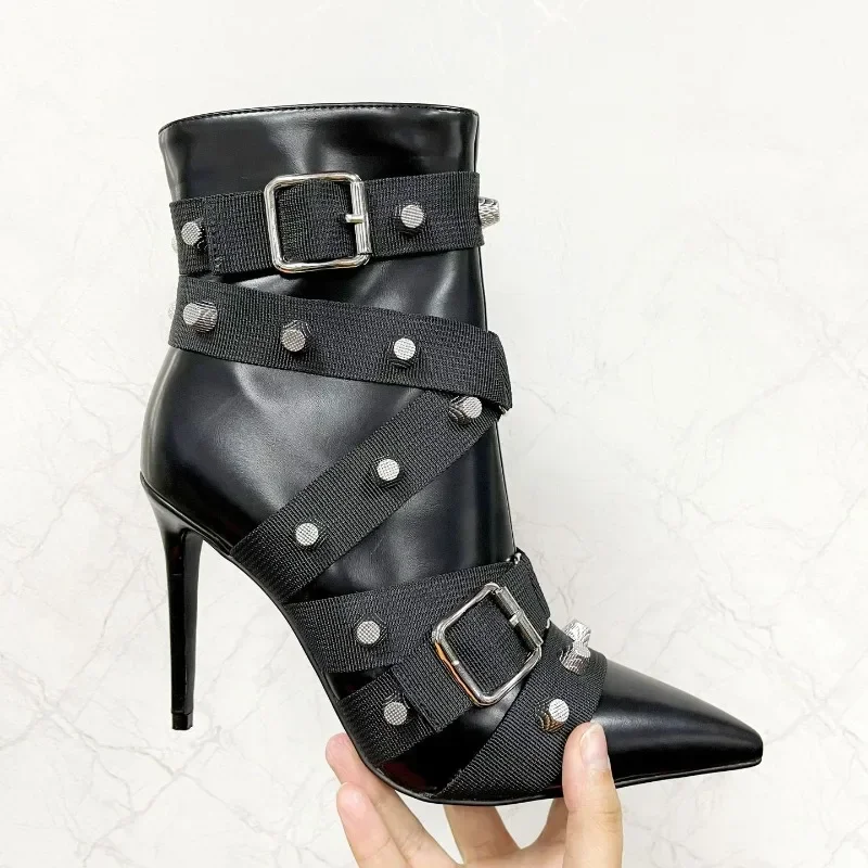 

Rivet Cross Belt Buckle Side Zipper Motorcycle Short Boots Walk Show High Heels 34-43 Fashion Ankle Boots Steel Pipe Dance Shoes