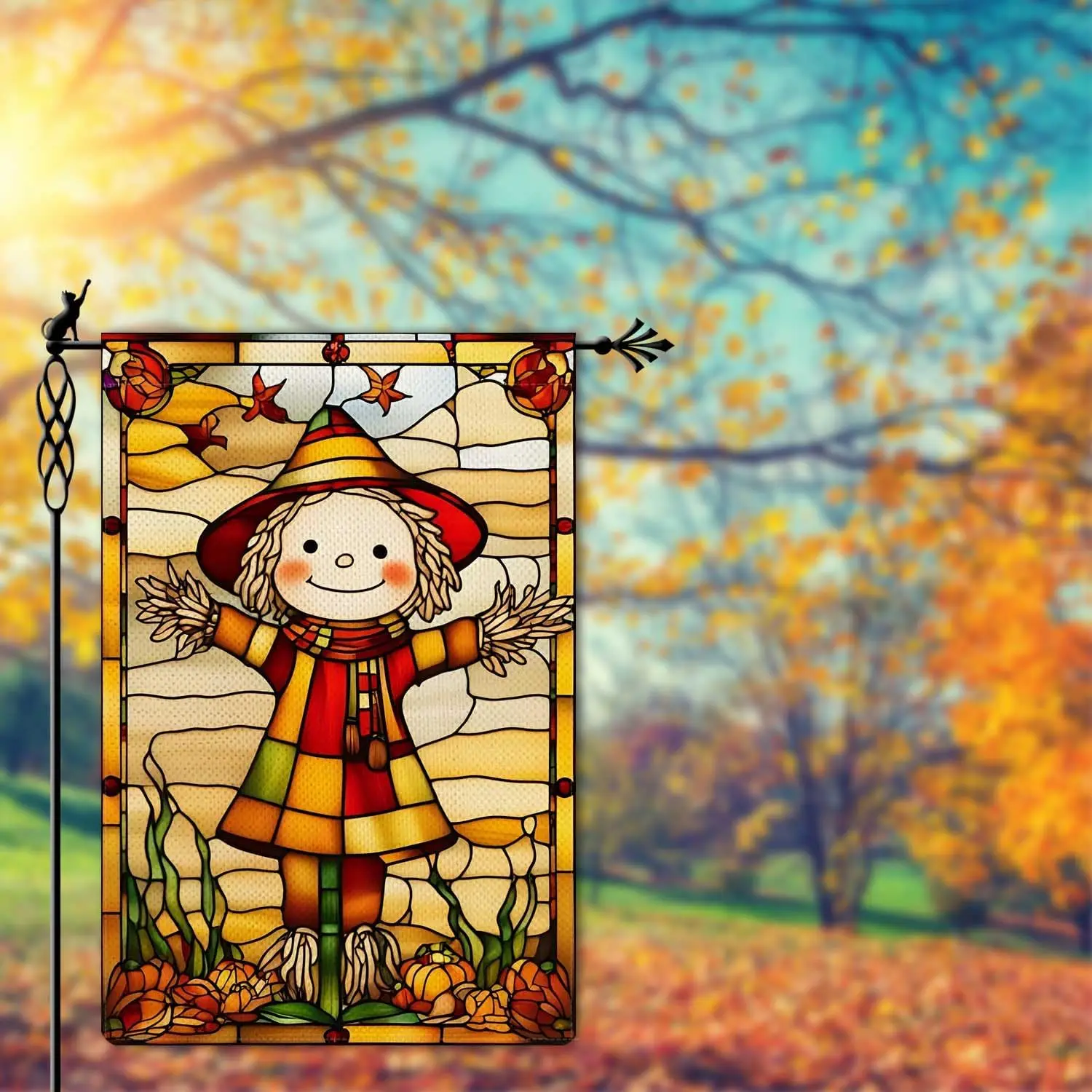 Fall Scarecrow Garden Flag Autumn Maple Leaf Garden Flag Stained Glass Style Vertical Double Sided Rustic Farmland Burlap Ya PPM