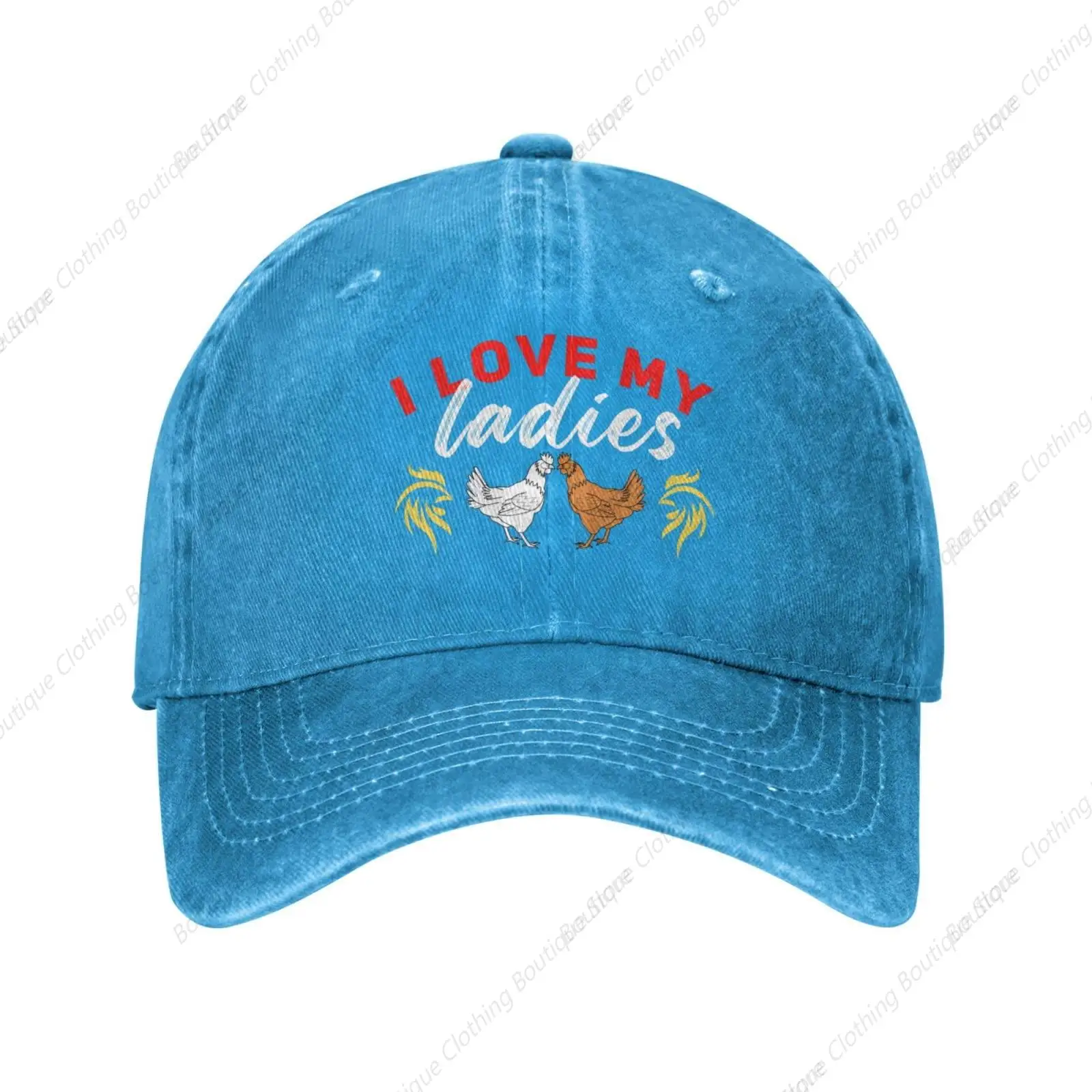 Fun Chicken I Love My Cute Ladies Hat for Men Women Funny Animal Baseball Cap Blue Fitted Hat Gift for Farmer