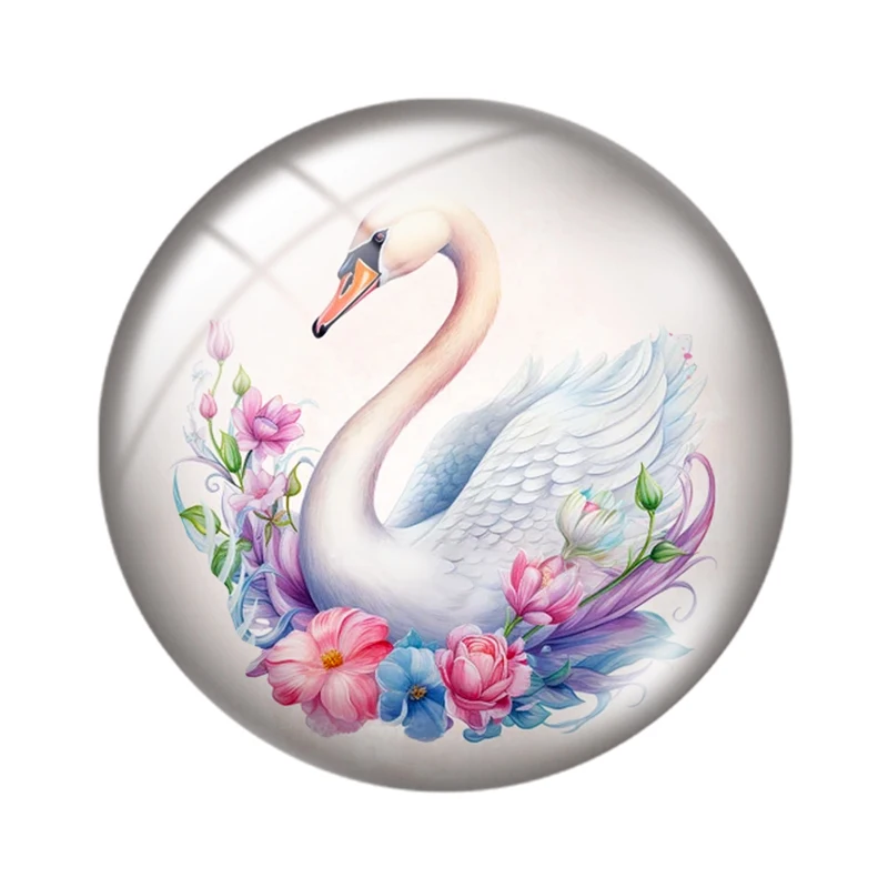 White swan birds love flowers 10pcs mixed 12mm/18mm/20mm/25mm Round photo glass cabochon demo flat back Making findings