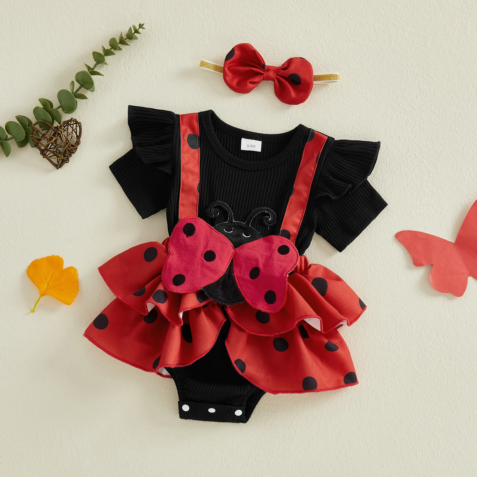 Baby Girl Ladybug Outfit Fake Two-Piece Short Sleeve Romper and Bow Headband 2 Piece Summer Set 0-18M