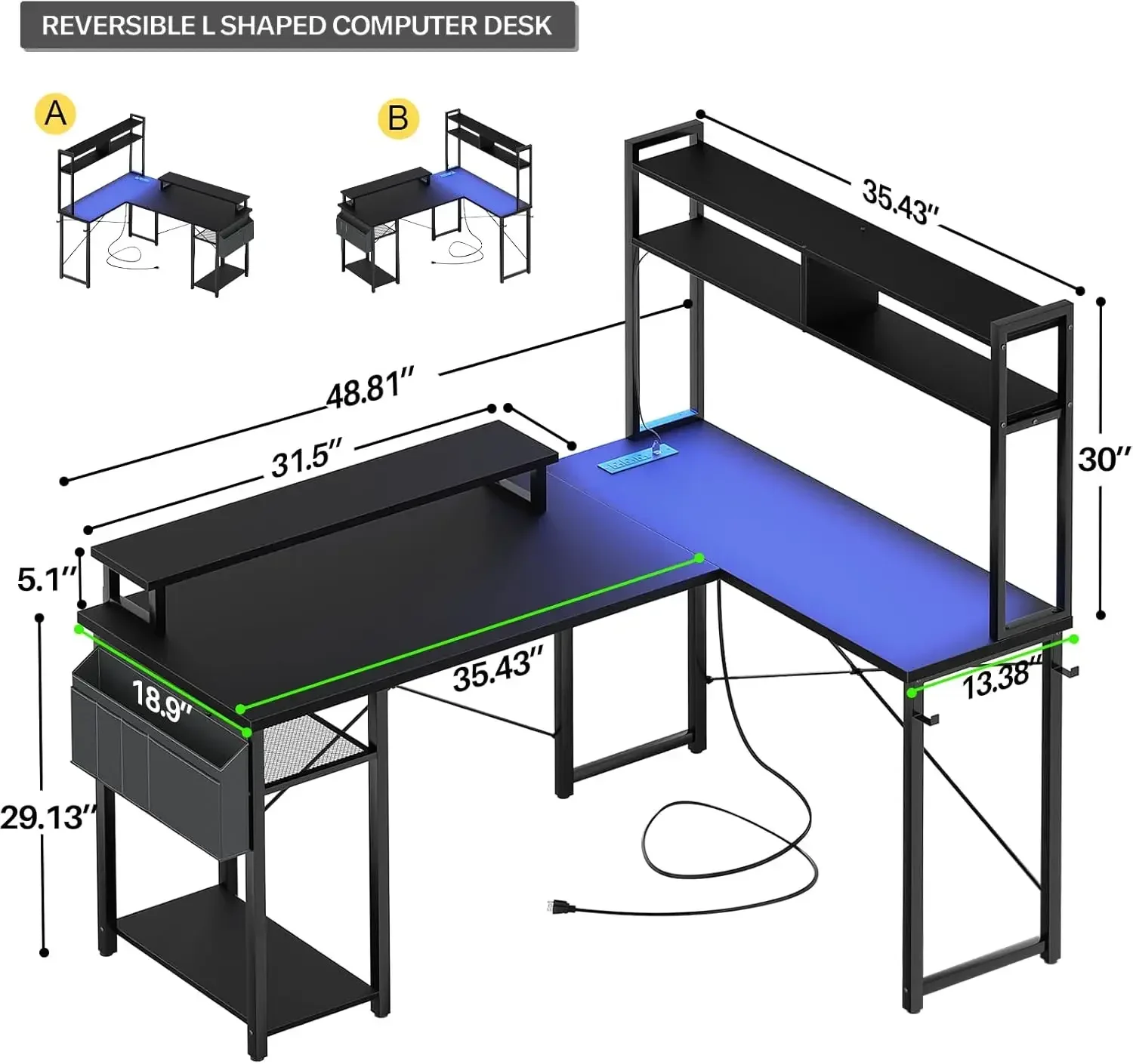 Small L Shaped Gaming Desk with LED Lights & Power Outlets, Reversible L-Shaped Computer Desk with Monitor Stand & Storage