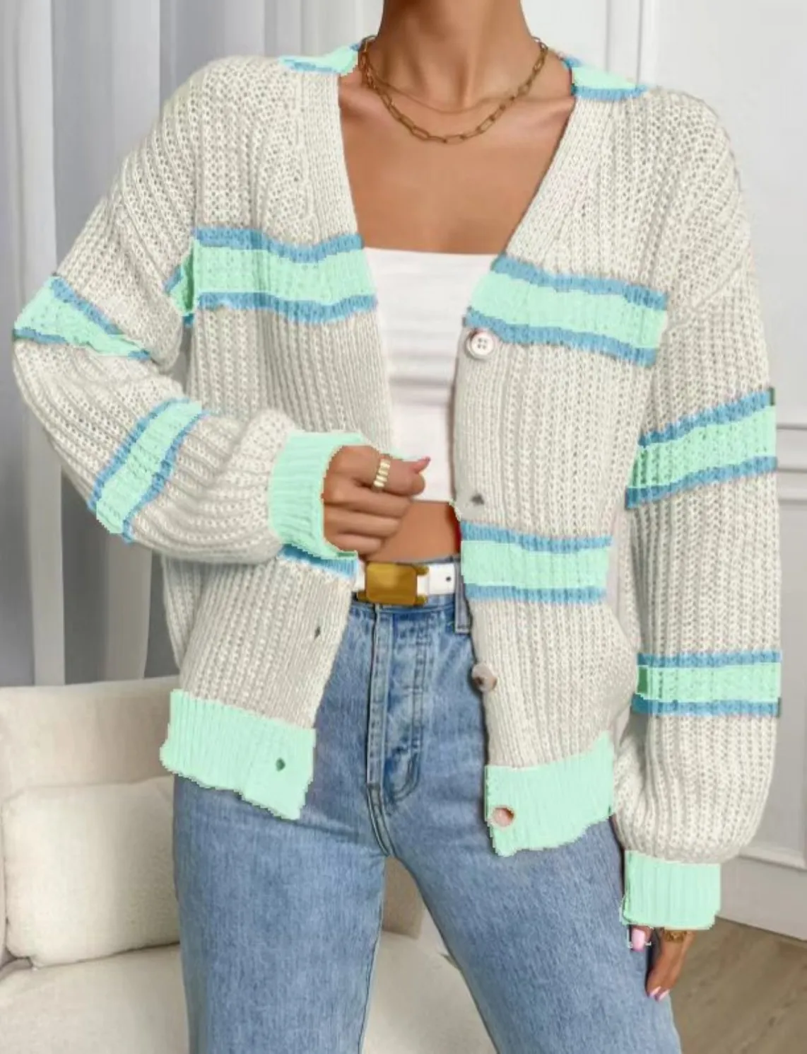 Autumn and winter cardigan sweater loose with striped knitted top lazy coat women