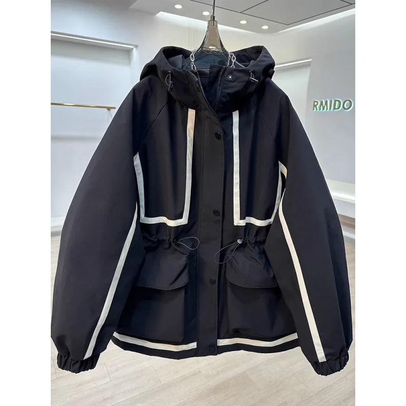 

Trench Women Mid Length Coats Jackets Hooded Zipper Coat Tight Waist Y2k Streetwear Jacket Work Outerwear Autumn Winter