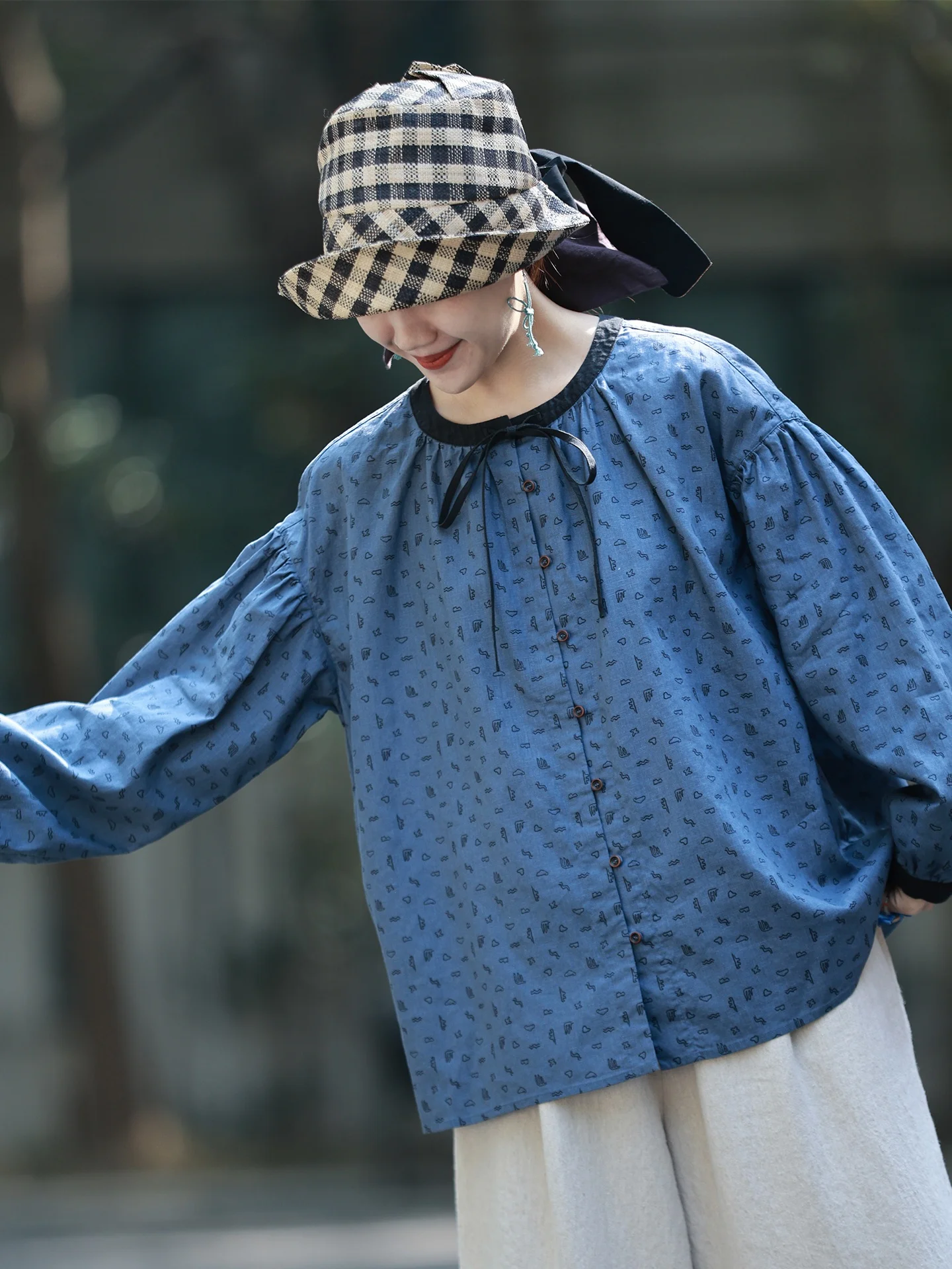 

Retro Floral Print Hanflax Cotton Loose round Neck Shirt Women's Style Breathable Long Sleeve Button up Casual Shirt