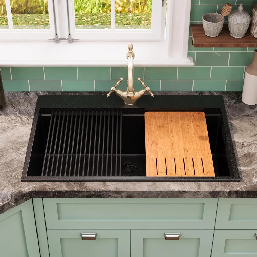 

Granite Composite Drop In Kitchen Sink, Large Kitchen Sink, Top Mount Single Bowl Kitchen Sink with Integrated Ledge