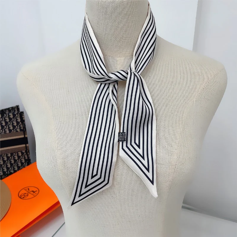 Luxury Stripe Design Print Skinny Silk Ribbon Scarfs Women Soft Satin Neckerchief Female Hairband Foulard Neck Scarves Bag Gift