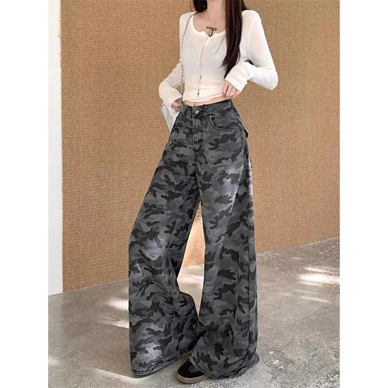 Women's Retro Camouflage Pattern Wide Leg Casual Pants High Waisted Straight Vintage 90s Streetwear Female Casual Loose Trouser