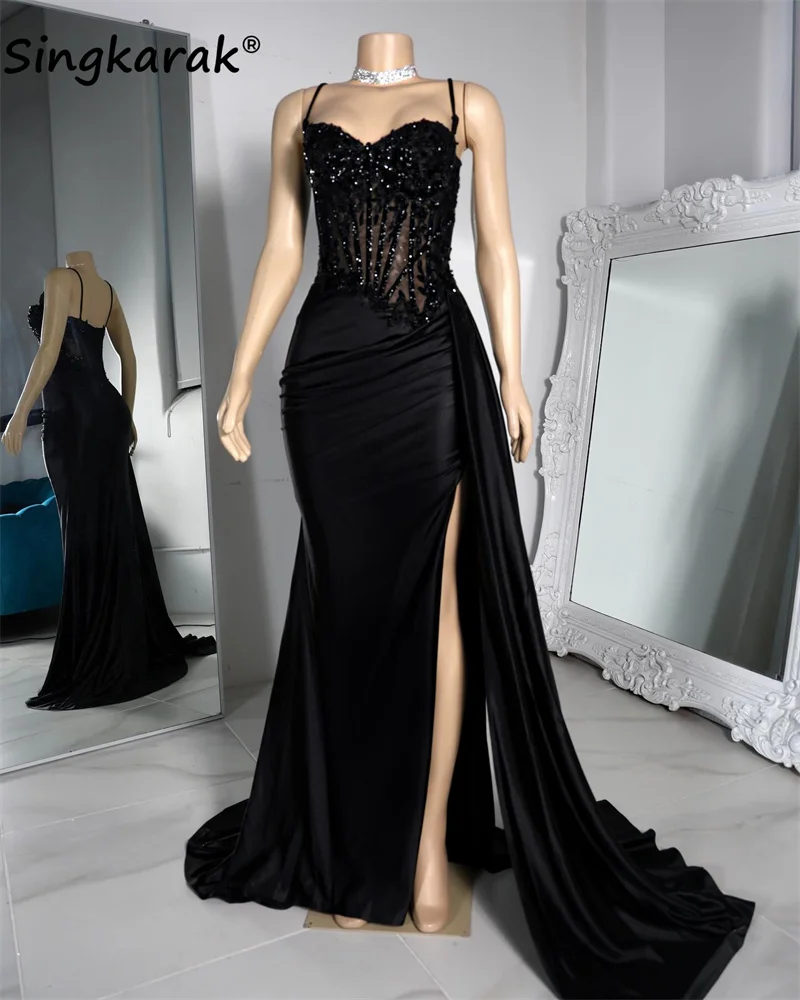 Luxury Black Mermaid Prom Dresses Strap Side Slit Lace Appliques Beads Evening Gowns Gala Party Wedding Reception Bridemaid