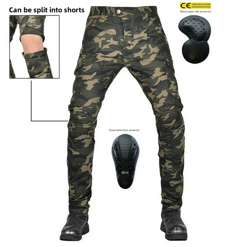 Vintage Motorcycle Camouflage Jeans Shorts Sub-Men's Riding Pants Multi-Pocket Workwear Racing Car Anti-Fall Pants
