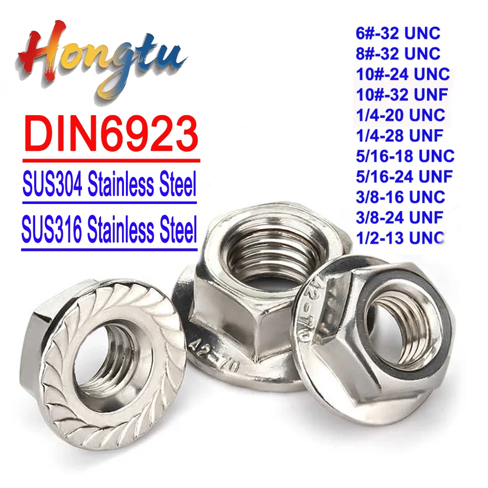 

Hongtu DIN6923 Hexagon Flange Pinking Nuts - Automatic Serrated, UNC/UNF Thread 6#,8#,10#,1/4-1/2, A2/A4 Stainless Steel
