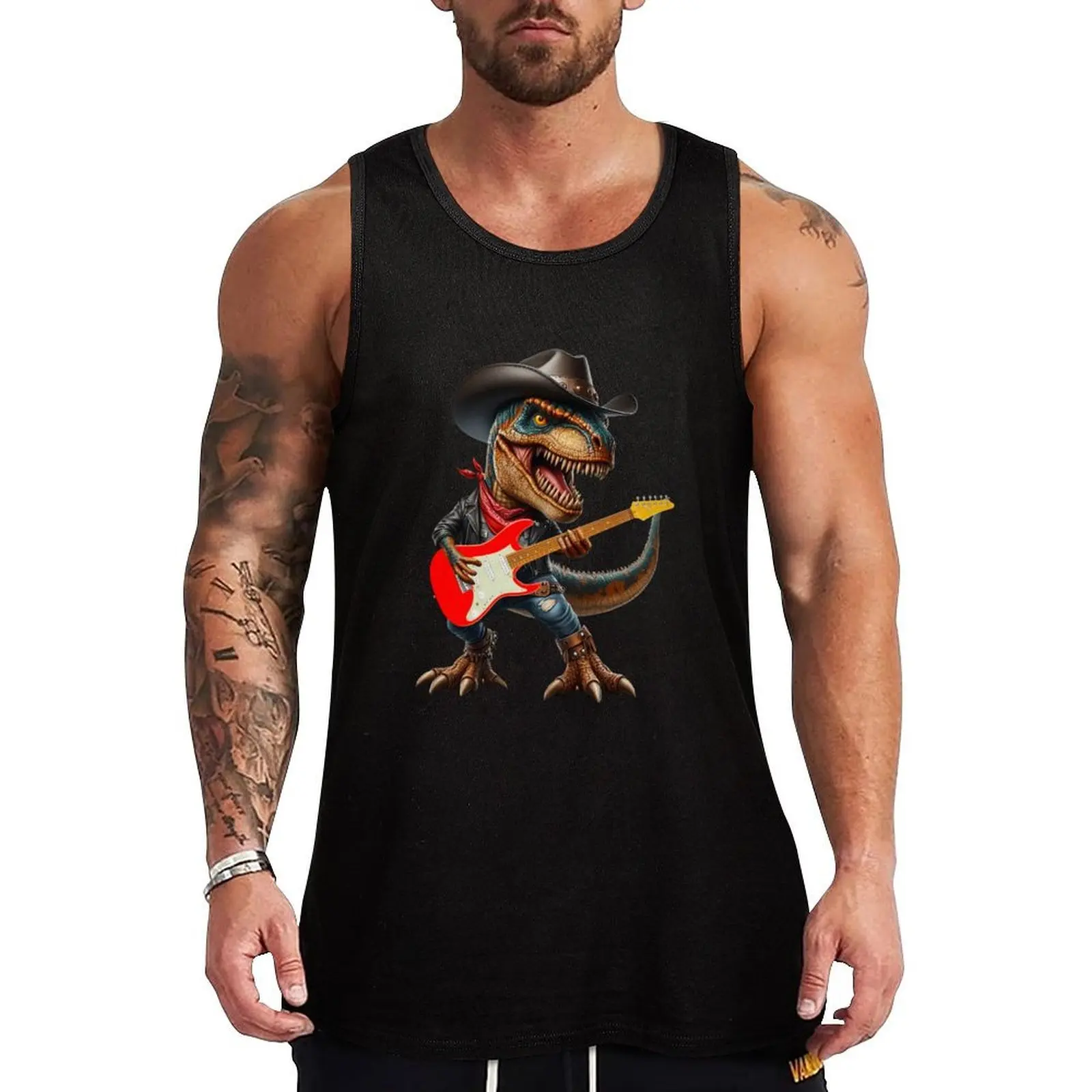 Music lover T Rex Guitar Player Tank Top Gym Muscle Tank Top Sleeveless Fitness Athletic Wear
