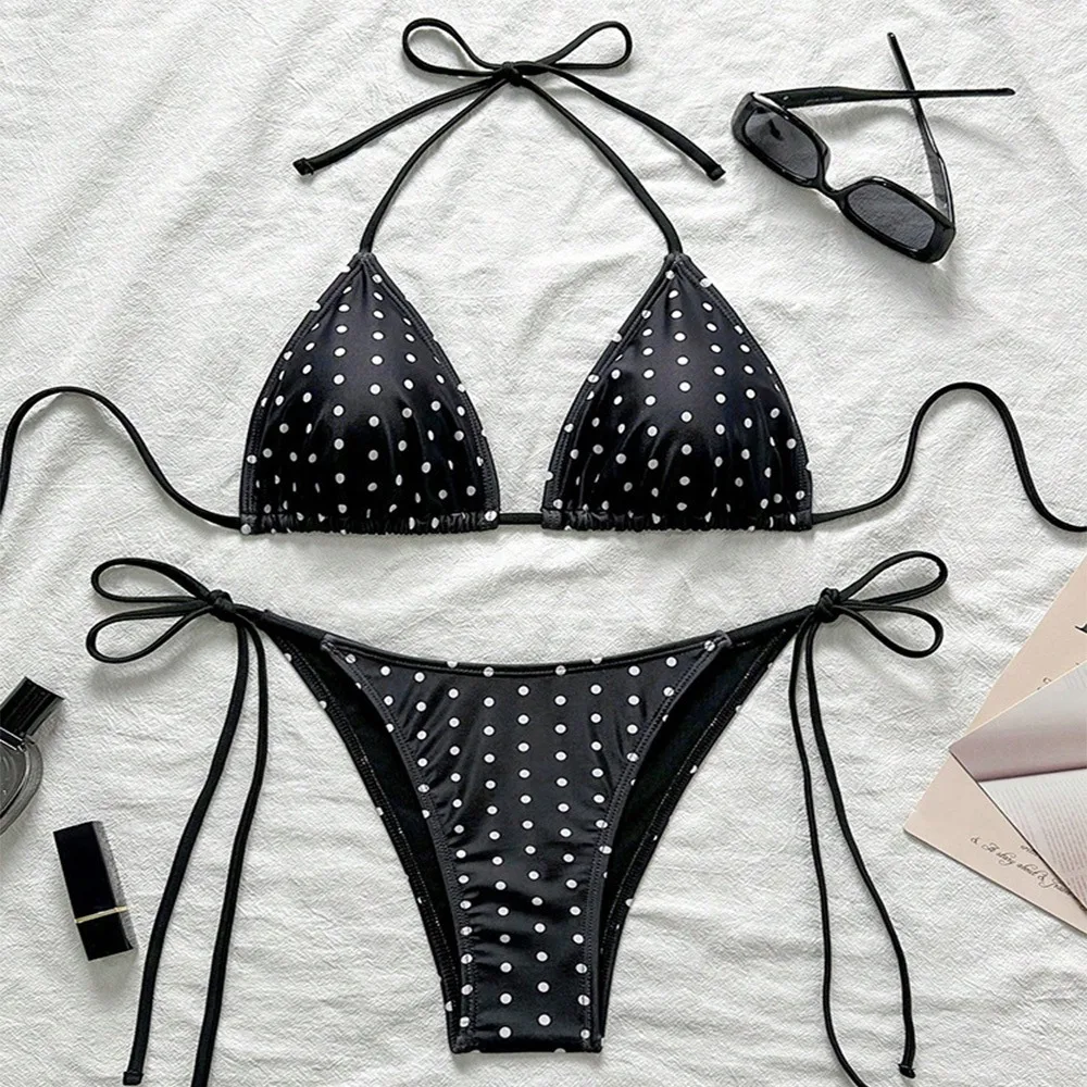 2Pcs/Set Fashion Summer Beach Bikini Polka Dot Halter Bikini Set Bathing Suit Casual Beachwear Vacation
