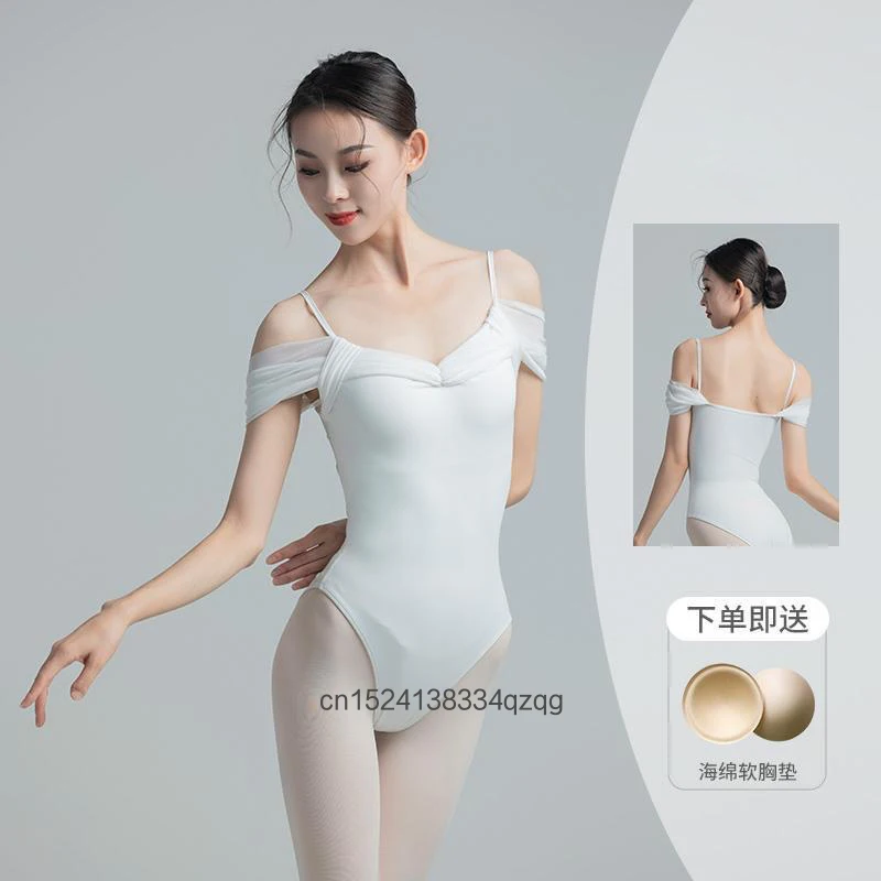 Justaucorps de danse pour femme à bretelles spaghetti et manches en maille, dos nu, pour ballet, gymnastique et danse contemporaine