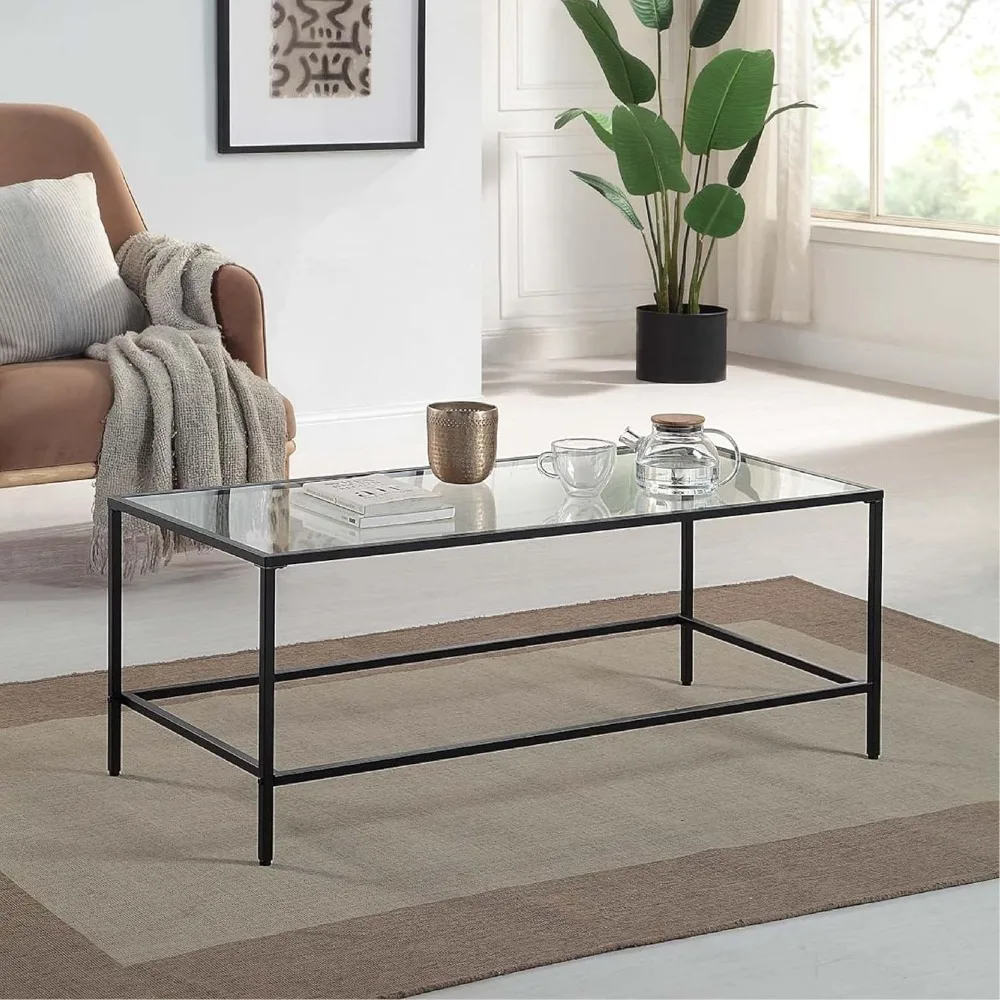 

CAWS Black Coffee Table, Tempered Glass Wide Rectangle Coffee Table with Black Metal Frame, Modern Minimalist Center Table for L