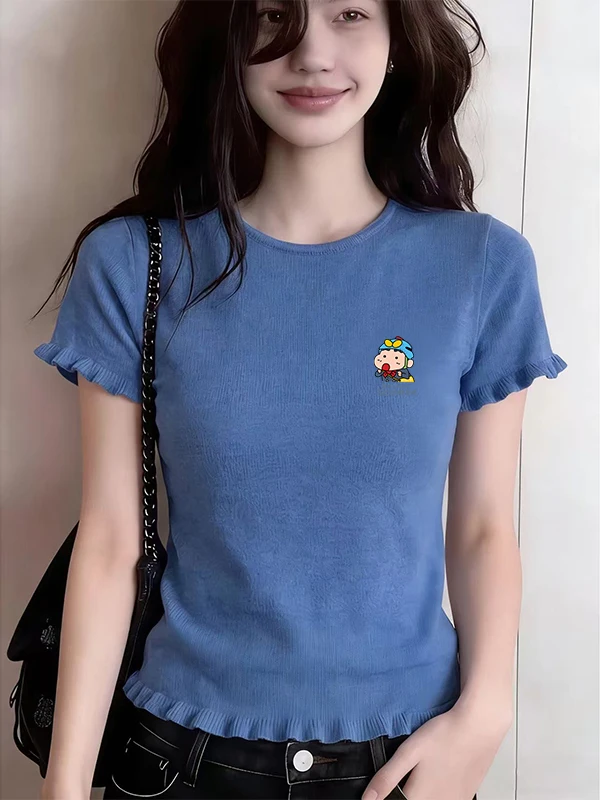 

Korean Style round Neck Knitted Top Women's Short Sleeve T-Shirt Blue Print Casual Soft Polyester Fiber Spring Summer Fashion