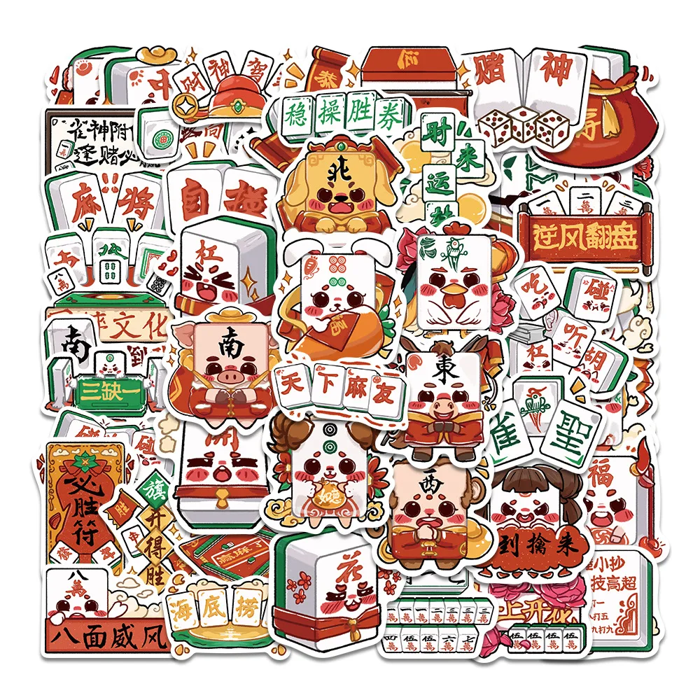 10/30/50PCS Chinese Style Cartoon Mahjong Sticker Decoration Cute Blessings Notebook Water Cup Mobile Phone Waterproof Wholesale