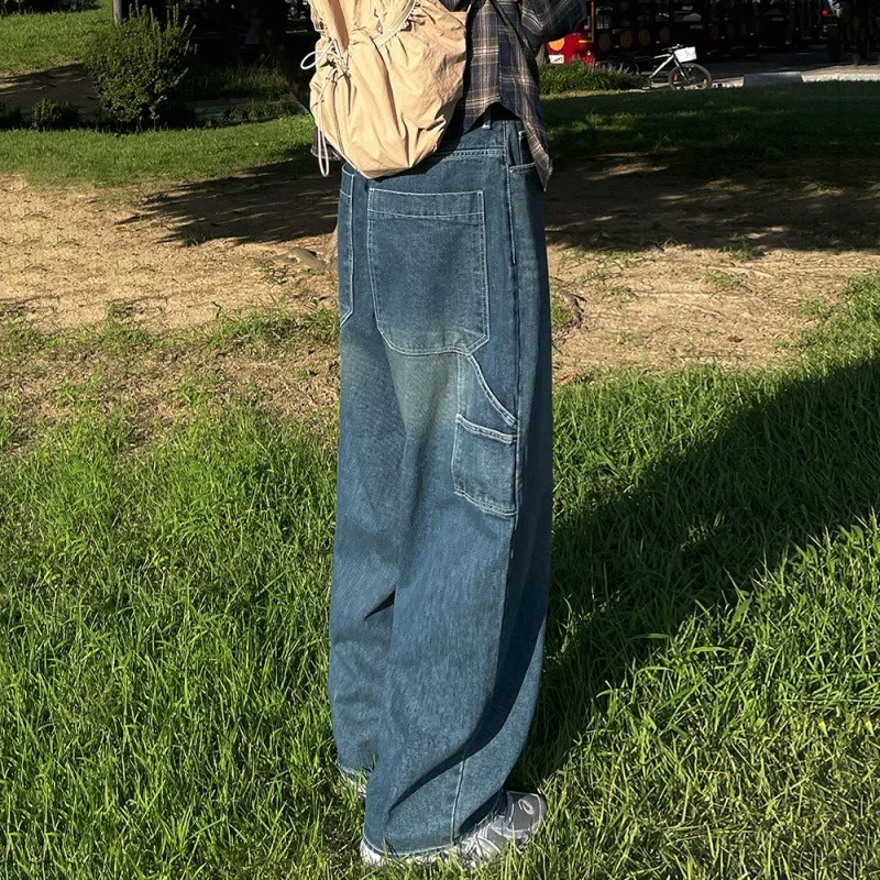 

Autumn New Fashion Men's Loose Wide Leg Straight Casual Trendy Washed Blue Denim Trousers Male Streetwear Jeans Pants Clothes
