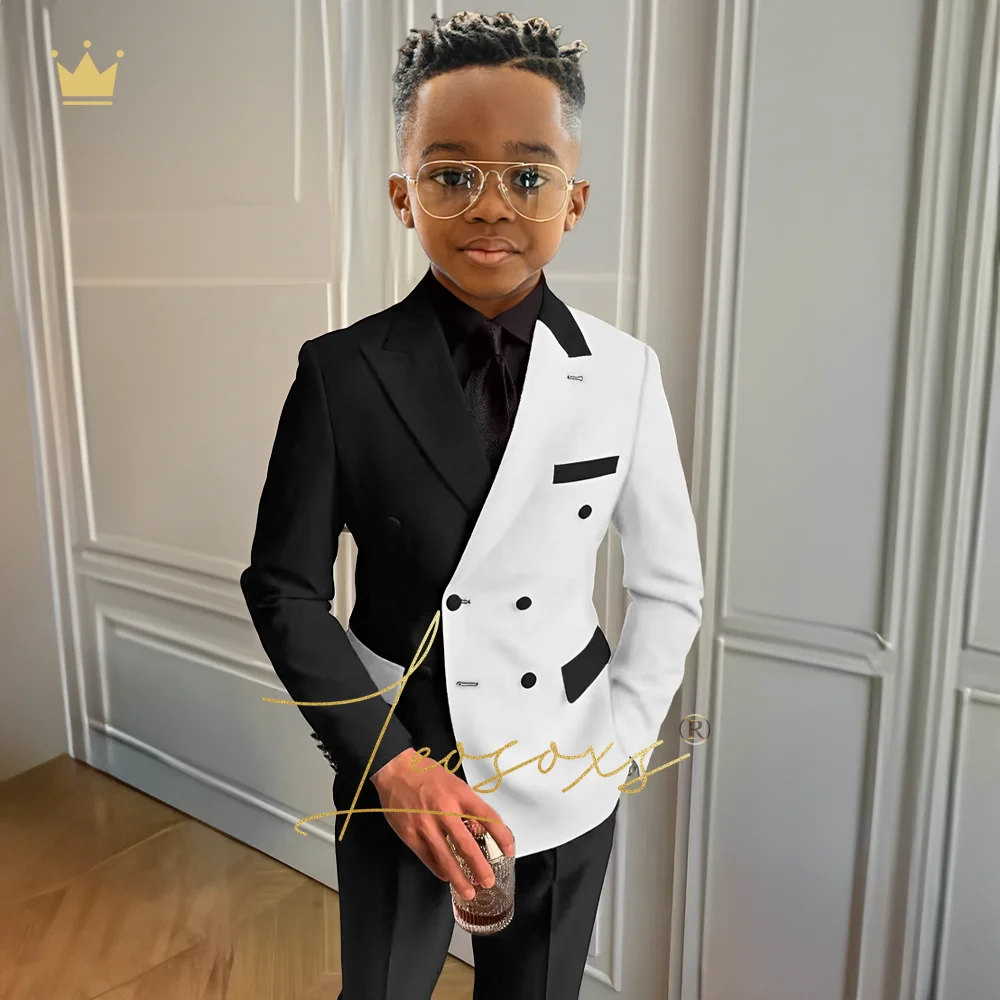 Children's fashion color matching double-breasted suit dress 2-piece suit 2~16 years old boy wedding party dinner cocktail suit