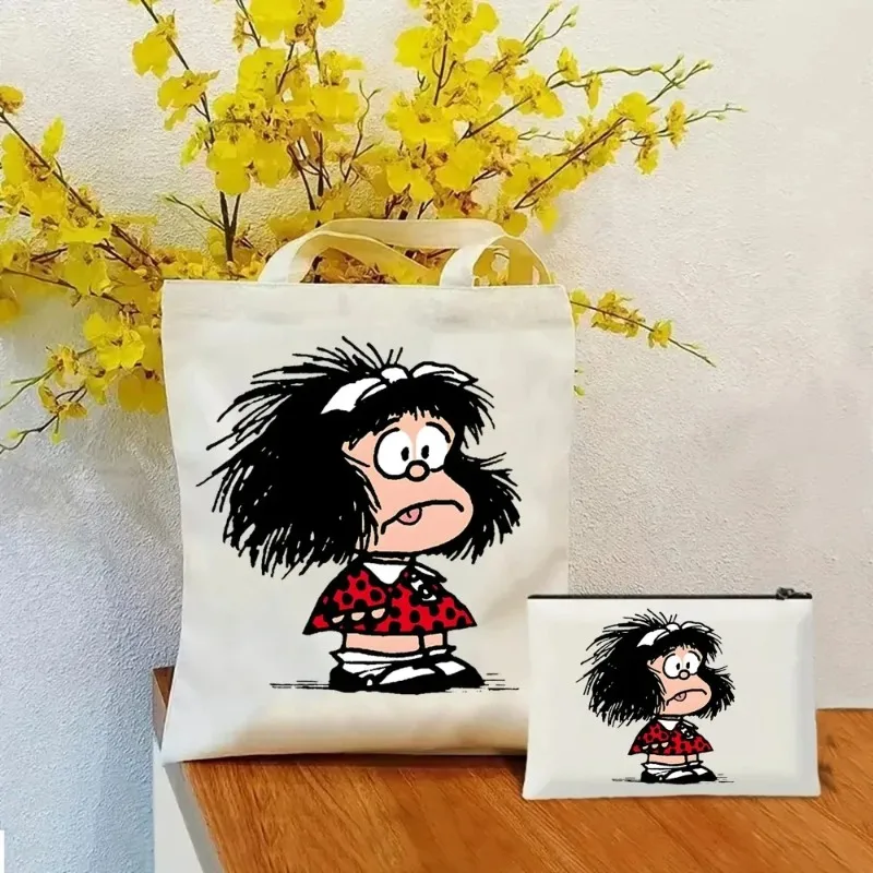 2Pcs Cute Toda Mafalda Ladies Handbag Cosmetic Bag Fashion Canvas Shoulder Bag Eco-friendly Large Capacity Shopping Bag Gift