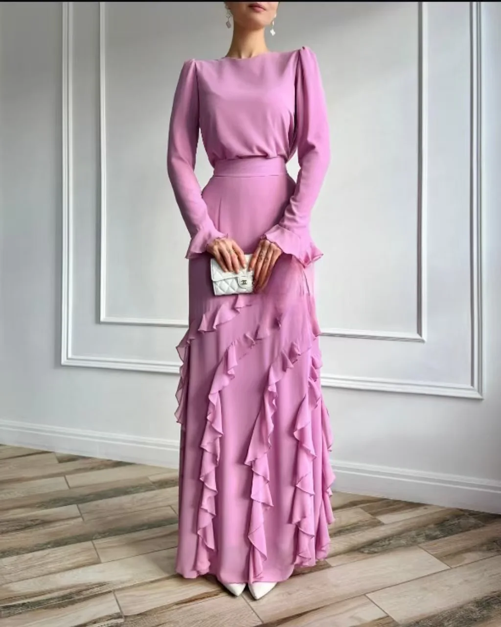 

Fashion 3D Lotus Leaf Edge Skirt Outfit Spring Women Long Sleeves Slim Tops+High Waist Straight Bust Skirt Autumn Two Piece Set