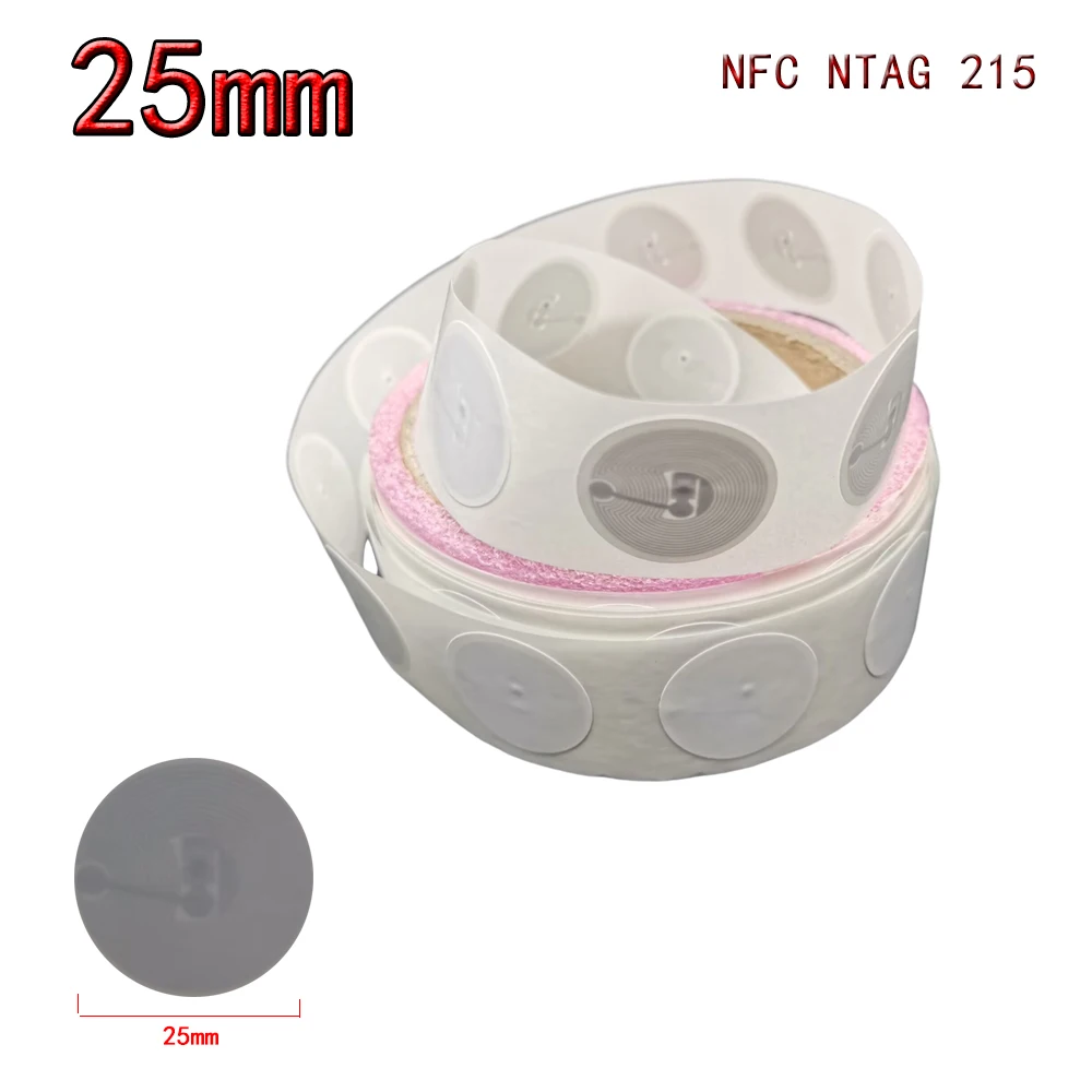 Etiquetas NFC 215 de 10 piezas, Chip de 25mm, 13,56 MHz, RFID, NTG 215, etiqueta adhesiva, funciona con teléfono NFC dedicado, 504Bytes, tarjeta de